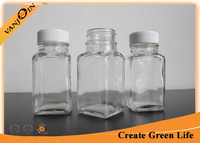2oz Cute Unique Square Small Glass Bottles with lids , Plastic Cap Recycling Glass Drink Bottles