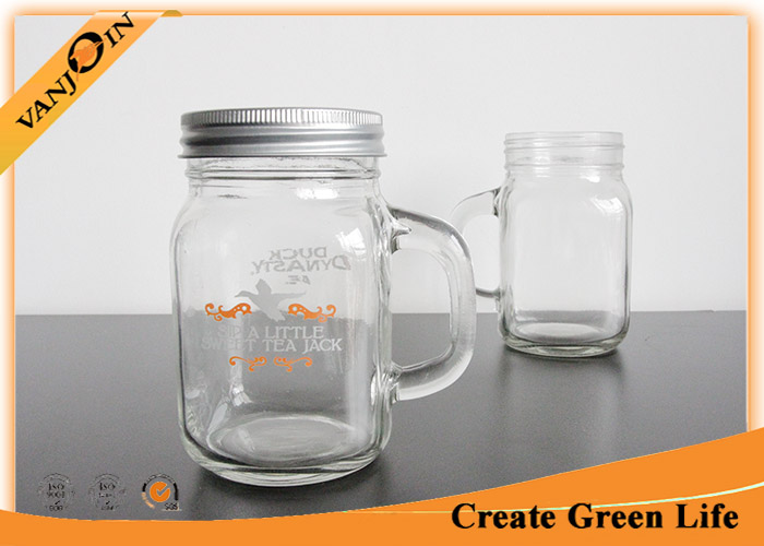 12oz Clear Empty Glass Jars For Drinking , Custom Unique Glass Mason Jar with Handle