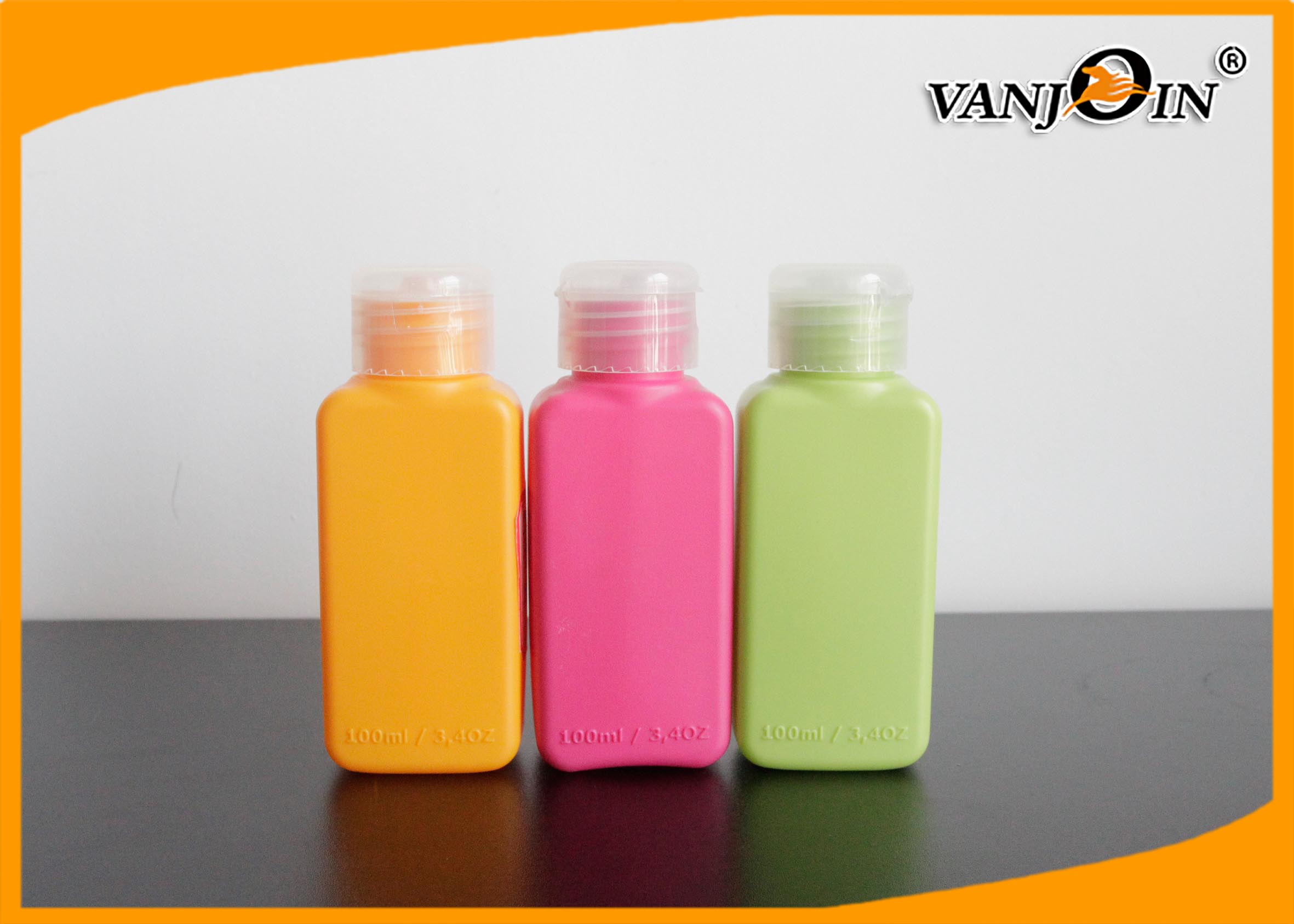 100ml HDPE Plastic Bottles with Flip Cap Orange / Green / Pink  Square Cosmetics Bottles