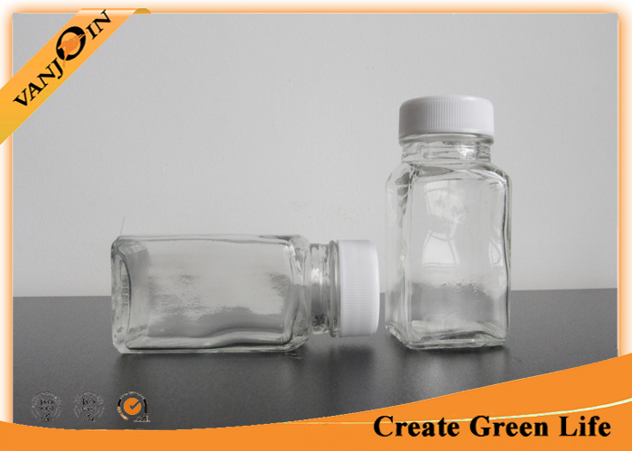 2oz Cute Unique Square Small Glass Bottles with lids , Plastic Cap Recycling Glass Drink Bottles