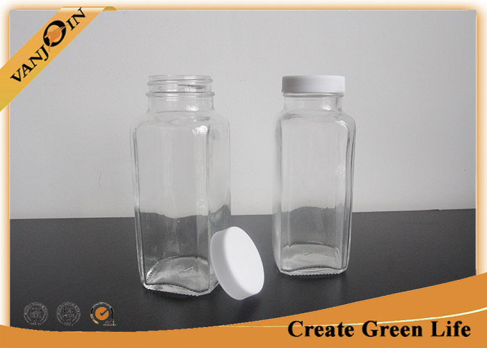 Transparent Plastic Cap French Square Glass Bottles 8oz 250ml Glass Bottles for Beverage