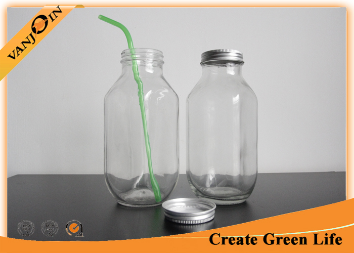 Food Grade 500ml Clear French Square Glass Milk Bottles With Aluminum Cap