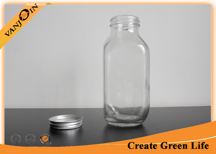 Food Grade 500ml Clear French Square Glass Milk Bottles With Aluminum Cap