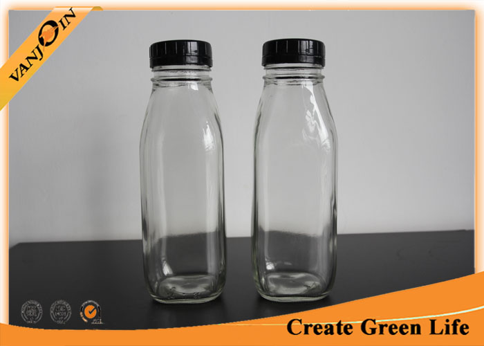 Custom Empty Clear 16oz Square Glass Milk Bottles Wholesale With Tamper Evident Cap