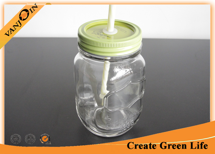 Regular Mouth Square Embossed Mason Glass Jar For Jam / Paste / Honey 16oz 480ml