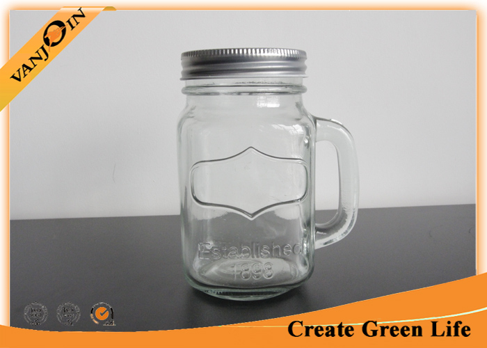 16oz Embossed Mason Glass Jars With Handles And Lid For Beverage and Drinking