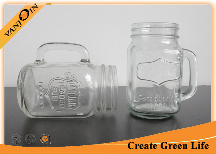 16oz Embossed Mason Glass Jars With Handles And Lid For Beverage and Drinking