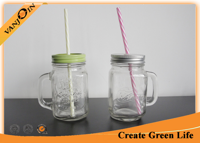 16oz Embossed Mason Glass Jars With Handles And Lid For Beverage and Drinking