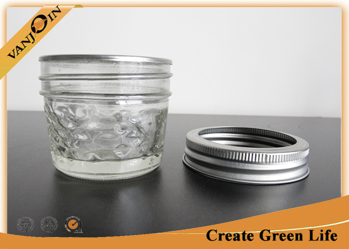 Jam Storage Eco Mason Glass Jars With Lid And Band , 4oz Embossed Small Glass Jars