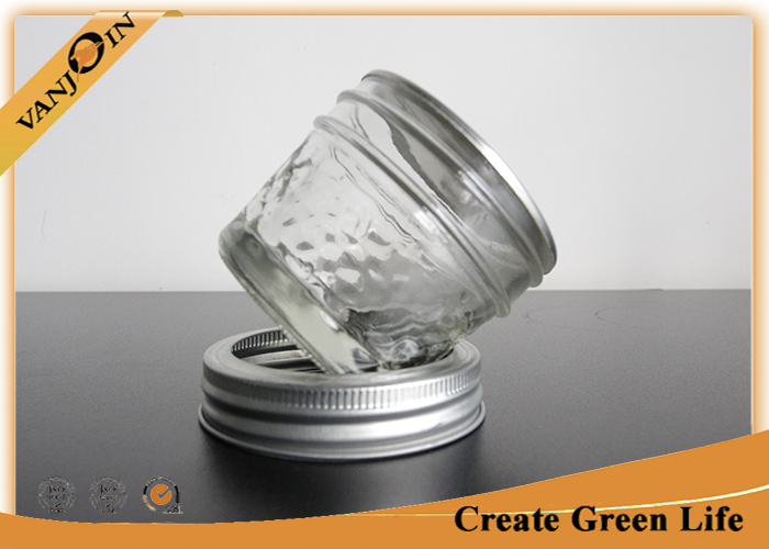 Jam Storage Eco Mason Glass Jars With Lid And Band , 4oz Embossed Small Glass Jars