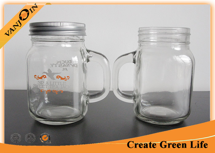 12oz Clear Empty Glass Jars For Drinking , Custom Unique Glass Mason Jar with Handle
