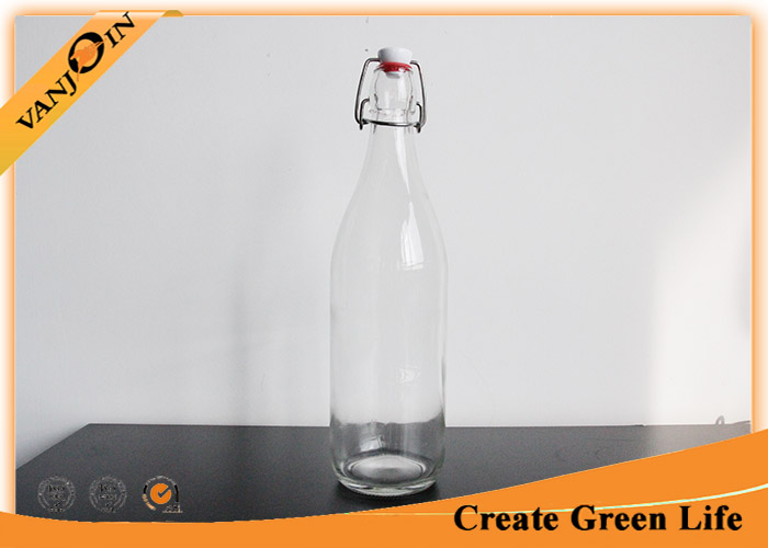 Eco-friendly Recycled Glass Bottles Clear Round 1L Swing Top Glass Beverage Bottle With Lid