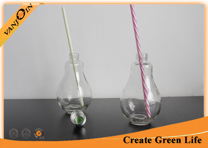 Candy Storage 200ml Bulb Shaped Glass Beverage Bottles With Metal Cap , Glass Drinking Bottles