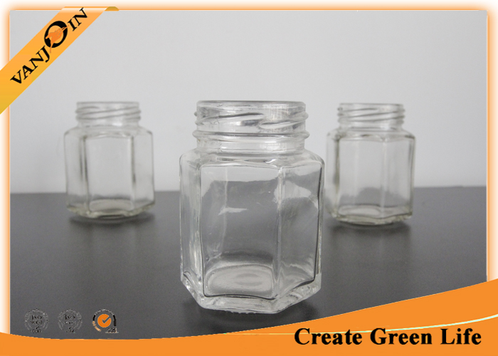 115ml Hexagon Flint Glass Food Jars With Metal Twist Off Cap , Small Apothecary Glass Jars