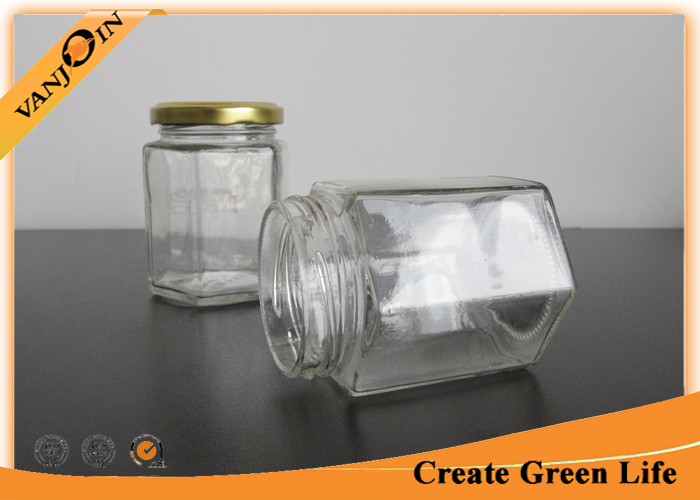 Clear 180ml Hexagonal Glass Food Jars With Twist Lids For Canned Food , Jam , Honey