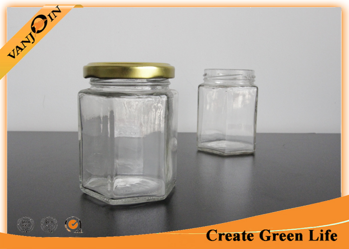 Clear 180ml Hexagonal Glass Food Jars With Twist Lids For Canned Food , Jam , Honey