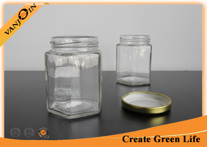 Clear 180ml Hexagonal Glass Food Jars With Twist Lids For Canned Food , Jam , Honey