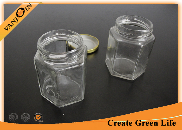 Clear 180ml Hexagonal Glass Food Jars With Twist Lids For Canned Food , Jam , Honey