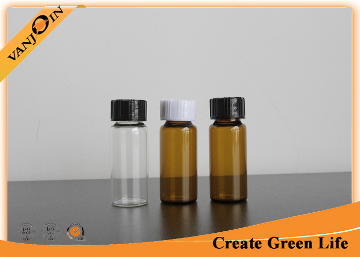 12ml Small Clear and Amber Glass Vials With Black Screw Plastic Caps , Mini Glass Container