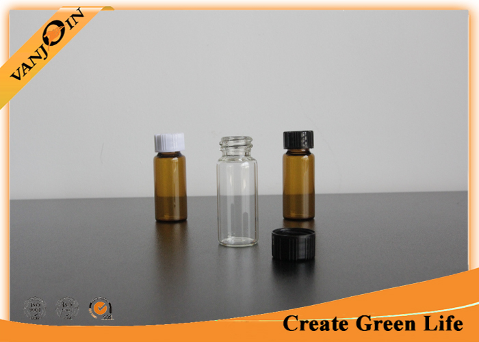 12ml Small Clear and Amber Glass Vials With Black Screw Plastic Caps , Mini Glass Container