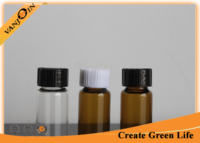 12ml Small Clear and Amber Glass Vials With Black Screw Plastic Caps , Mini Glass Container