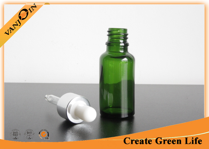 20ml Dark Green Essential Oil Glass Bottles With Sliver Dropper Cap , Miniature Glass Bottles