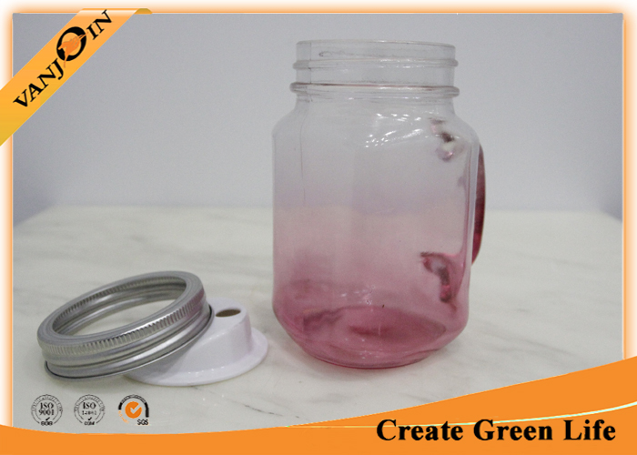 480ml Red Beverage Glass Canning Jars With Handle  78*108mm Diameter