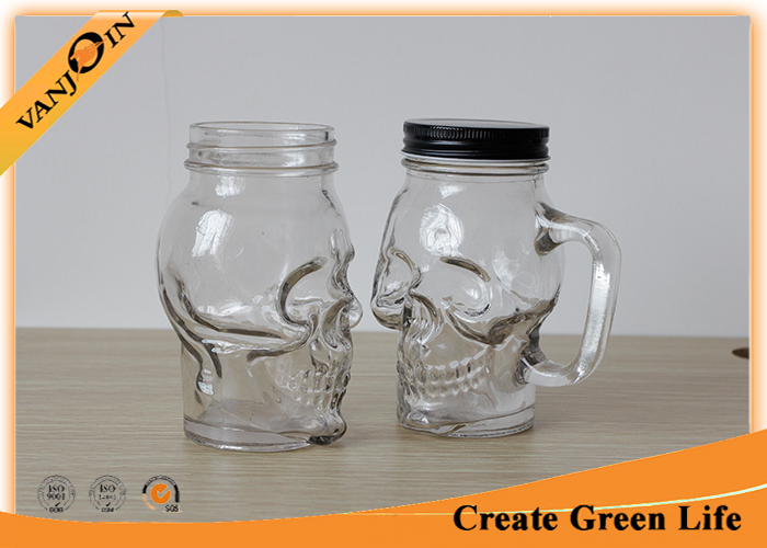 Clear Skull Head 16oz Mason Glass Jar with Metal Screw Cap / Mason Jar Glasses With Handles