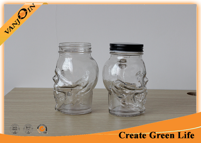 Clear Skull Head 16oz Mason Glass Jar with Metal Screw Cap / Mason Jar Glasses With Handles