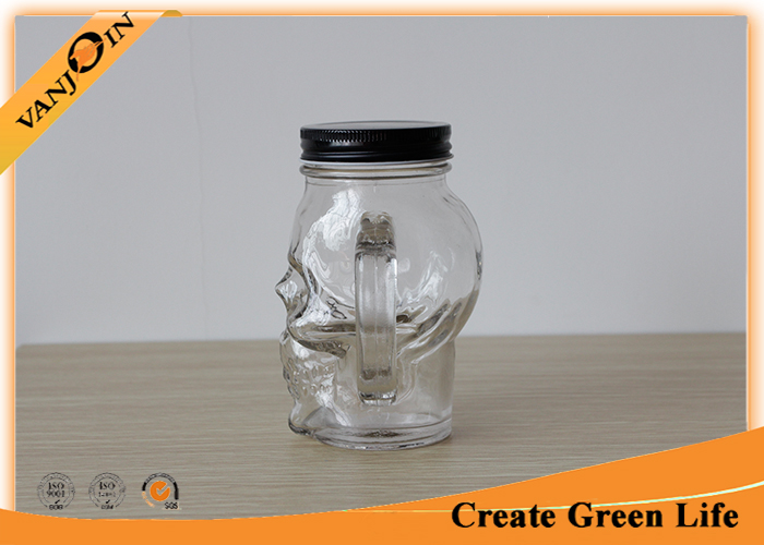 Clear Skull Head 16oz Mason Glass Jar with Metal Screw Cap / Mason Jar Glasses With Handles