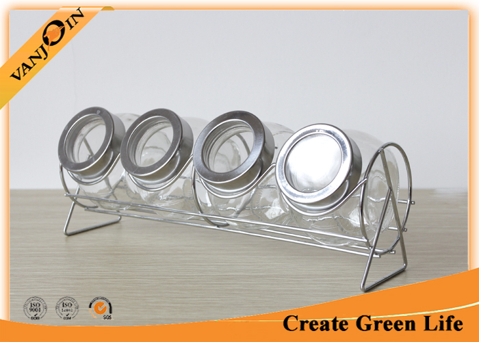 Kitchen Equipment Inclined Glass Storage Jars With Lids / Metal Shelf