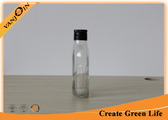 200ml Clear Glass Hip Flask Bottle With Black Aluminium Cap / Glass Liquor Bottles