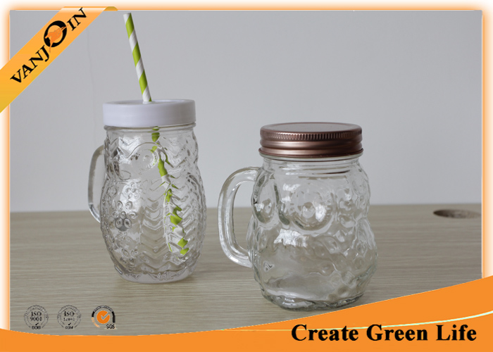 400ml Clear Glass Owl Mason Drinking Jars with Screw Lid and Straw