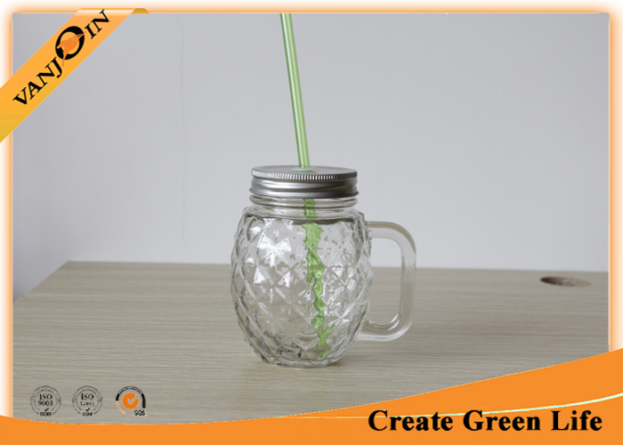 Pineapple-Shaped Mason Jar Mug Glasses with Handles, Straws & Lids