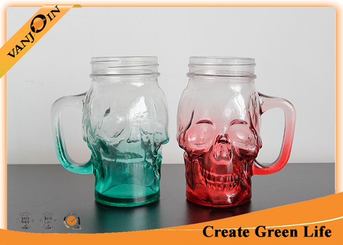 16oz Green and Red Color Skull Head Glass Drinking Mugs With Handle