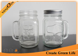 China 16oz Embossed Mason Glass Jars With Handles And Lid For Beverage and Drinking supplier