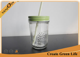 China Custom Embossed Logo 8oz Tapered Small Glass Mason Jars with Lids And Straw supplier