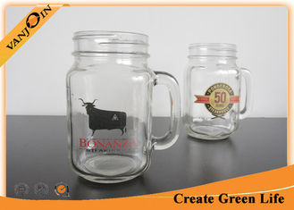 China 16oz Customized Printing Glass Drinking Mason Mug With Handle , Mason Glass Jars with Lids supplier