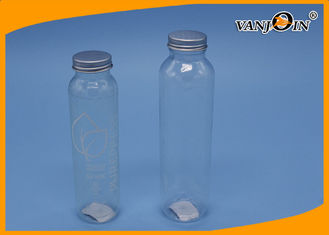 China 300ml Transparent  Plastic Juice Bottle Cylindrical Plastic Fruit Tea Bottle with Aluminum Lid supplier