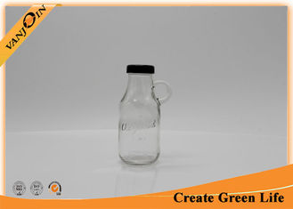 China Portable Square Shape Embossed 10oz Glass Juice Bottle With Handle supplier