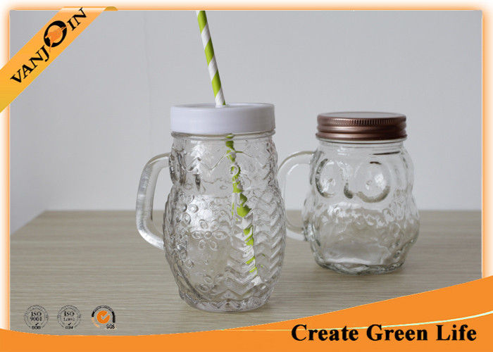 400ml Clear Glass Owl Mason Drinking Jars with Screw Lid and Straw