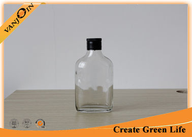 200ml Clear Glass Hip Flask Bottle With Black Aluminium Cap / Glass Liquor Bottles